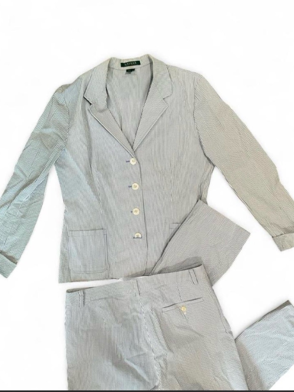 VTG Lauren Ralph Lauren Searsucker Blue White Blazer Straight Pant Set Size L